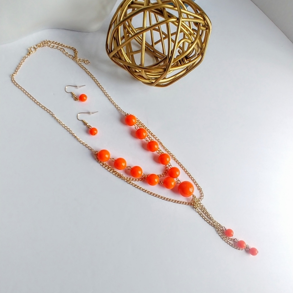 Bright Neon Orange Bead Necklace Chain Set